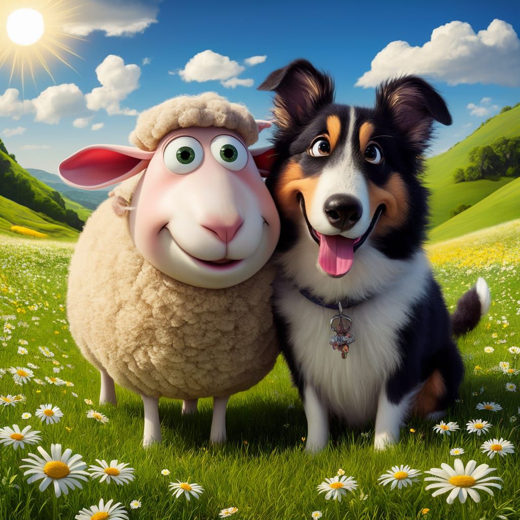 Cheerful Sheep and Dog in Sunny Meadow
