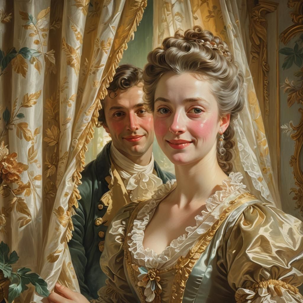 Rococo Portrait: Lady and Man Behind Curtain