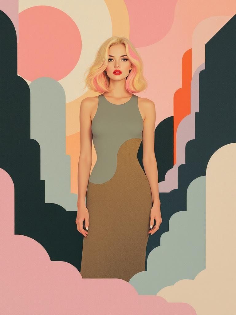Woman with Pink Hair in Geometric Retro Style