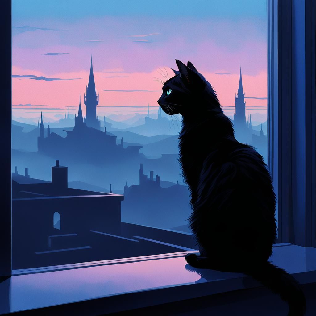 Black Cat Silhouette on Misty Windowsill