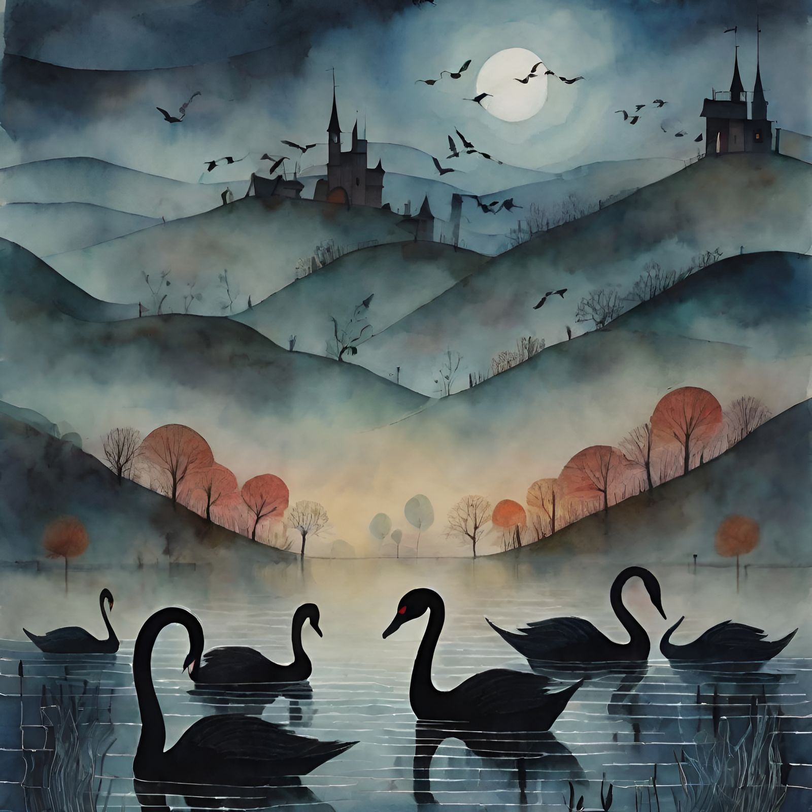 Black Swans in Autumnal Fantasy Landscape