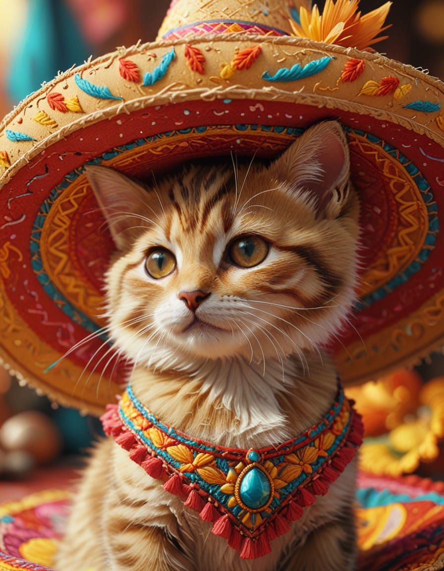 Kitten in Sombrero: Vibrant 3D Anime Art