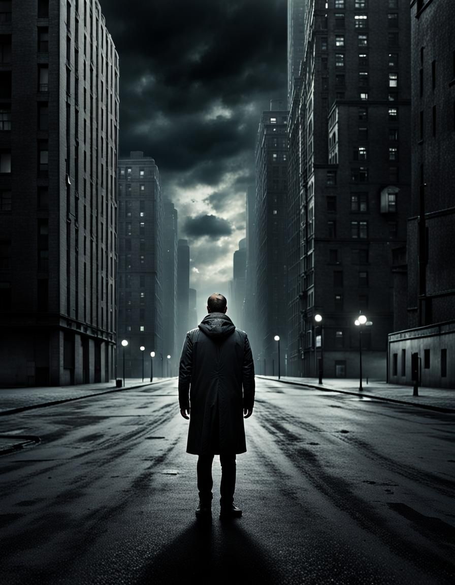 Man alone on the empty street in empty city.