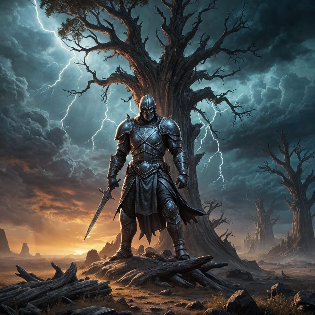 Knight Before Petrified Tree in Epic Dark Fantasy