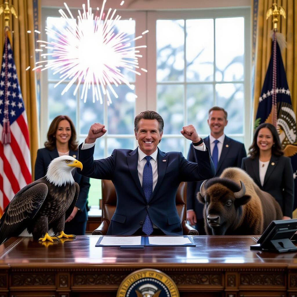 President Newsom Flexing With Eagle and Buffalo