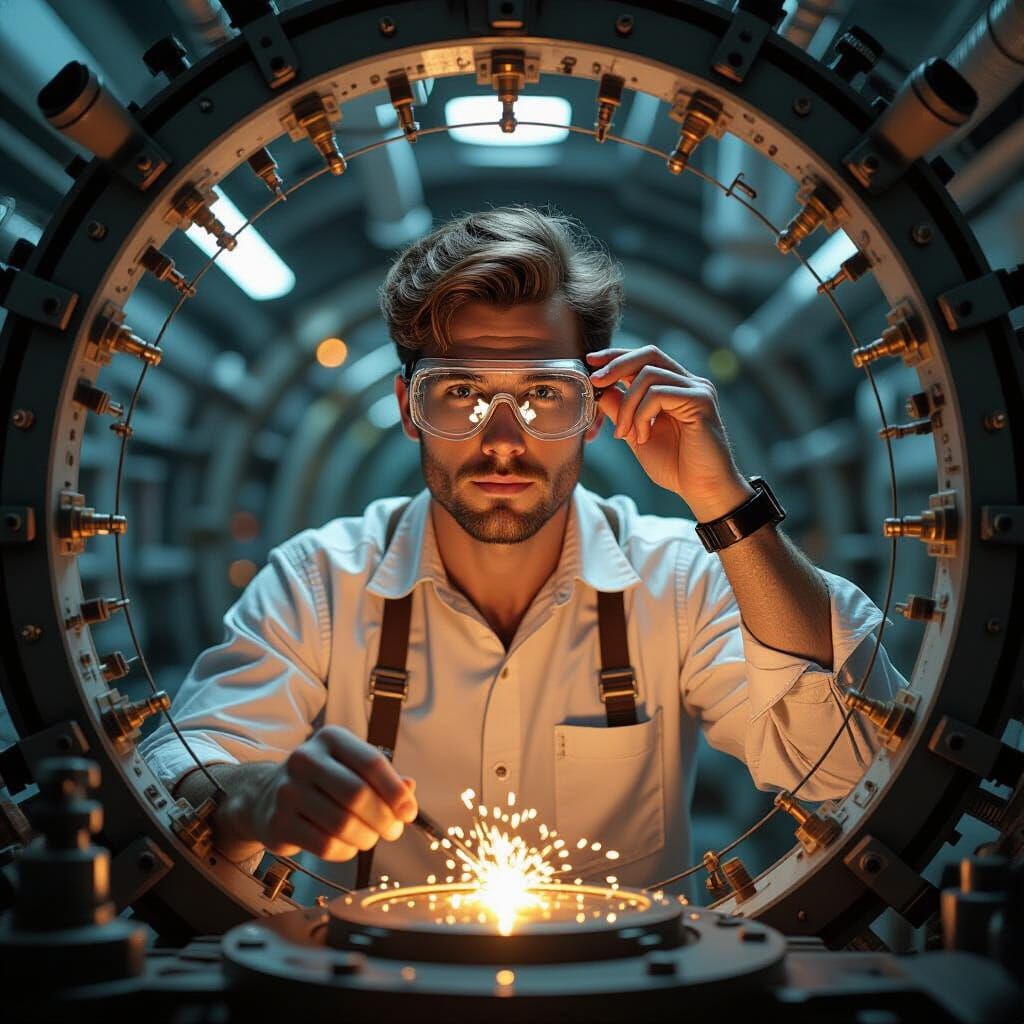 Inventor Setting Brass Time Machine for Distant Future