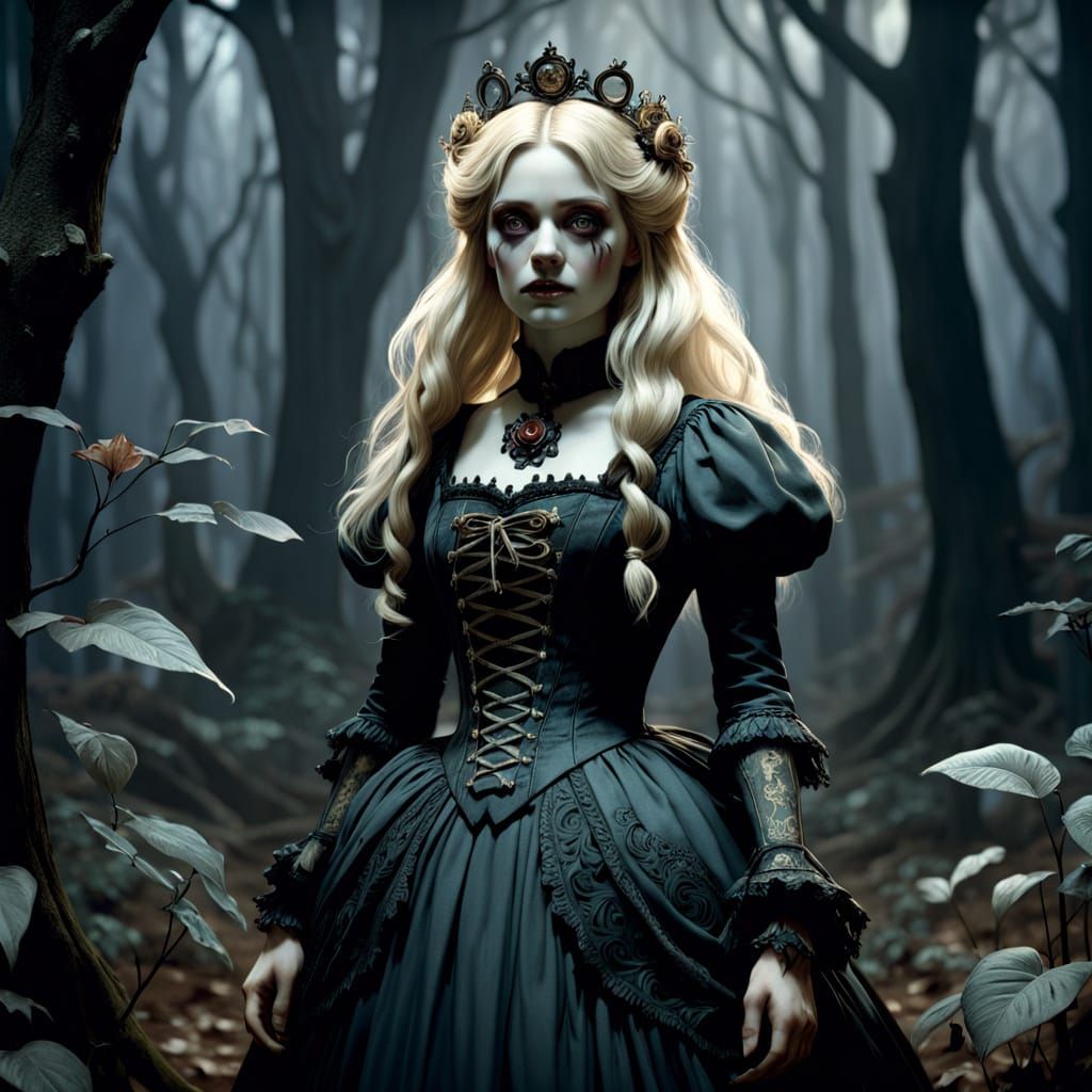 Gothic Doll Girl in Ethereal Fairytale Forest