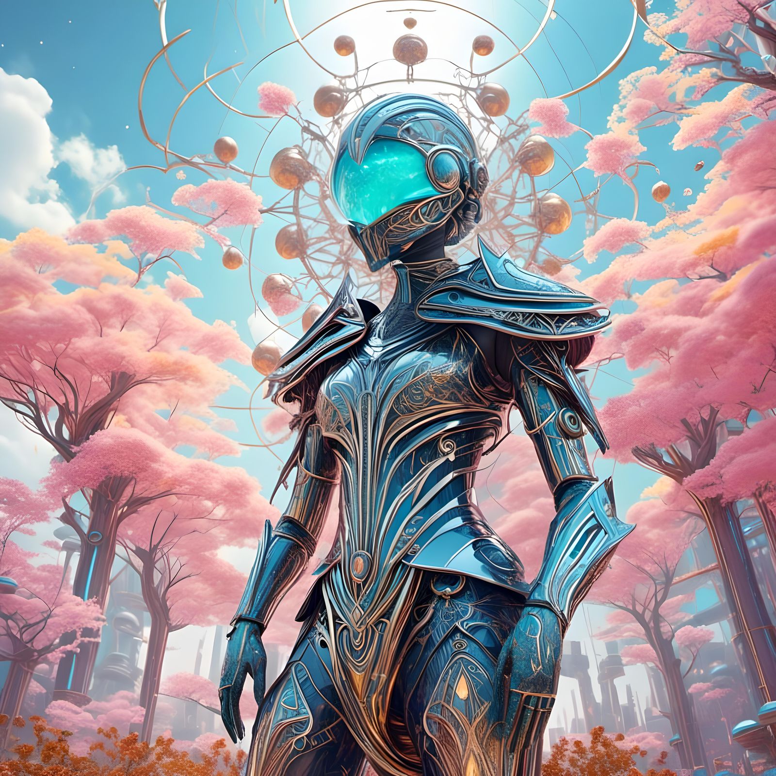 Elven Figure Soaring in Cyberpunk Floral Sky