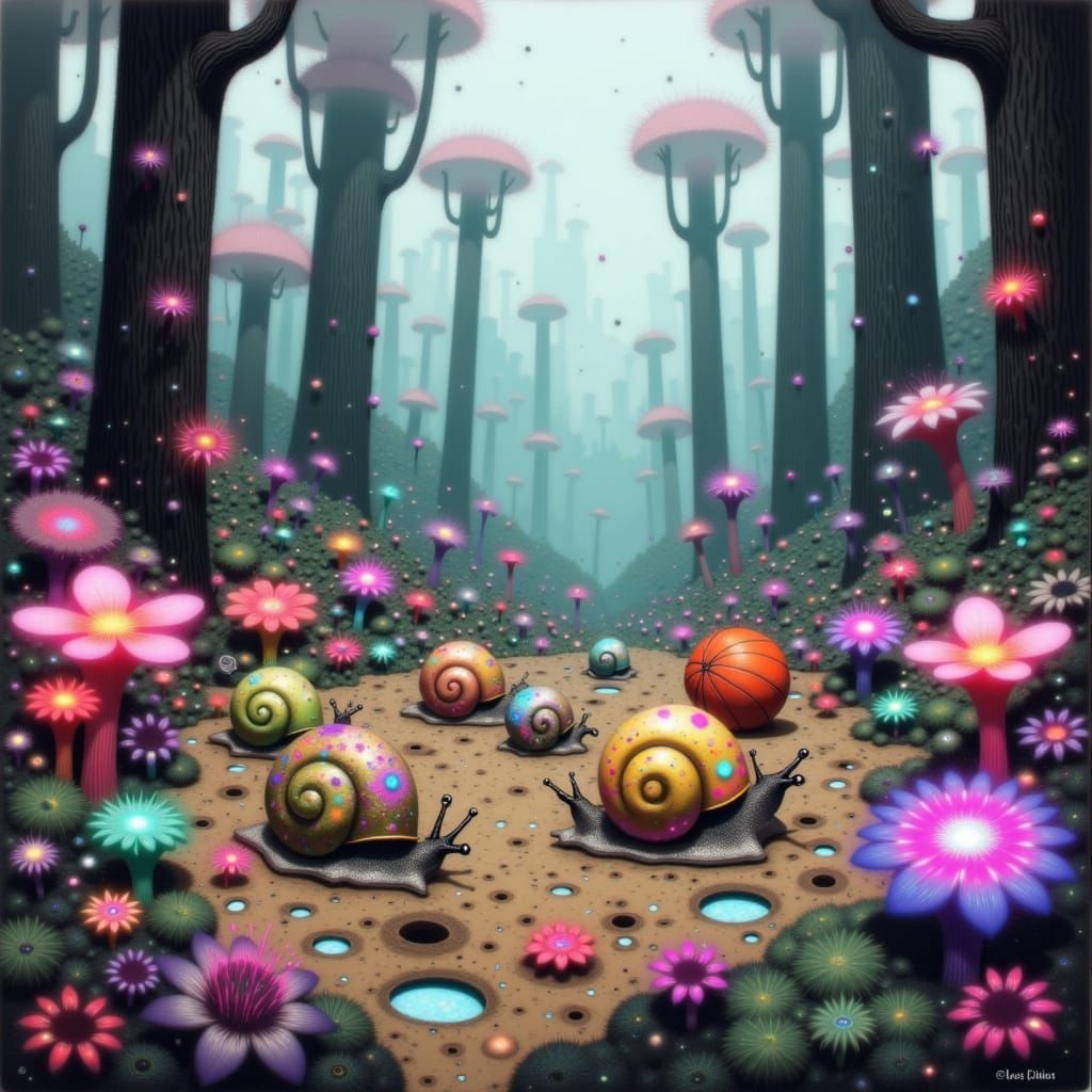Snails Play Basketball in Whimsical Forest Clearing