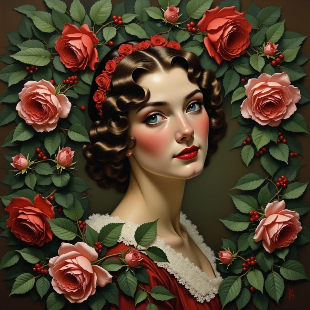 Surreal Winter Wonderland Scene with Roses and Holly