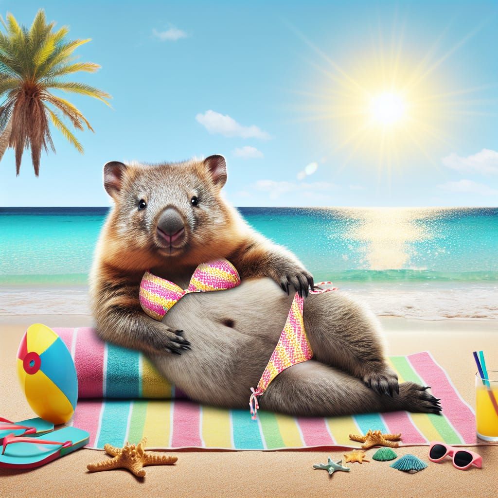 Wombat in Bikini on Tropical Beach