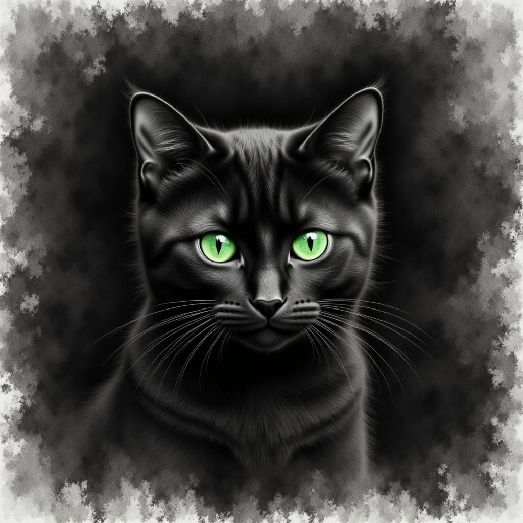 Regal Black Cat Charcoal Sketch with Emerald Eyes