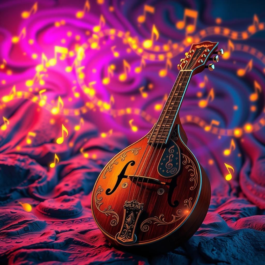 Antique Mandolin in Swirling Lights: 3D Rendered Art