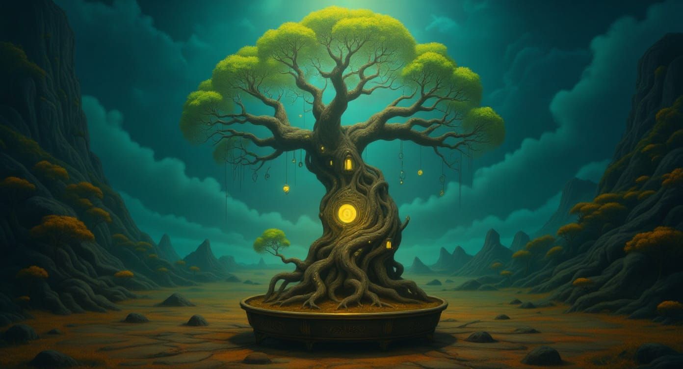 Bonsai Tree in Liminal Space: Surreal Psychedelic Art