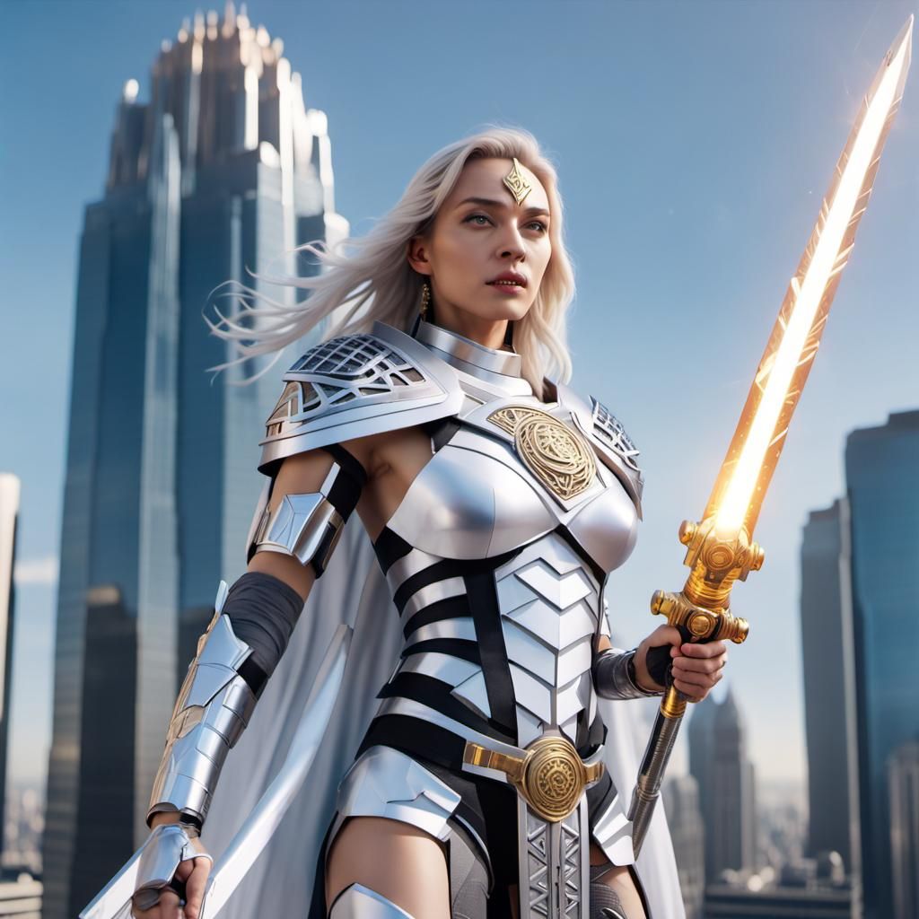 Android Warrior Soaring Over Future City