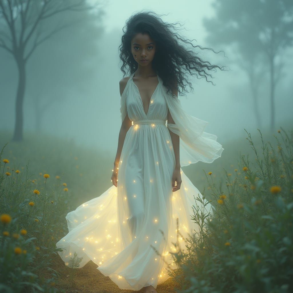 Radiant Brown-Skinned Goddess Walks Through Misty Landscape