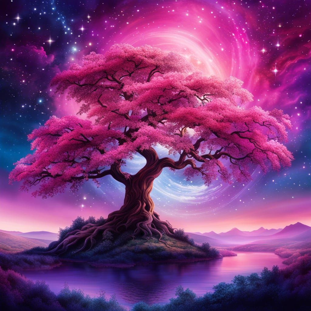 Magical Cherry Blossom Tree on Star Nebula