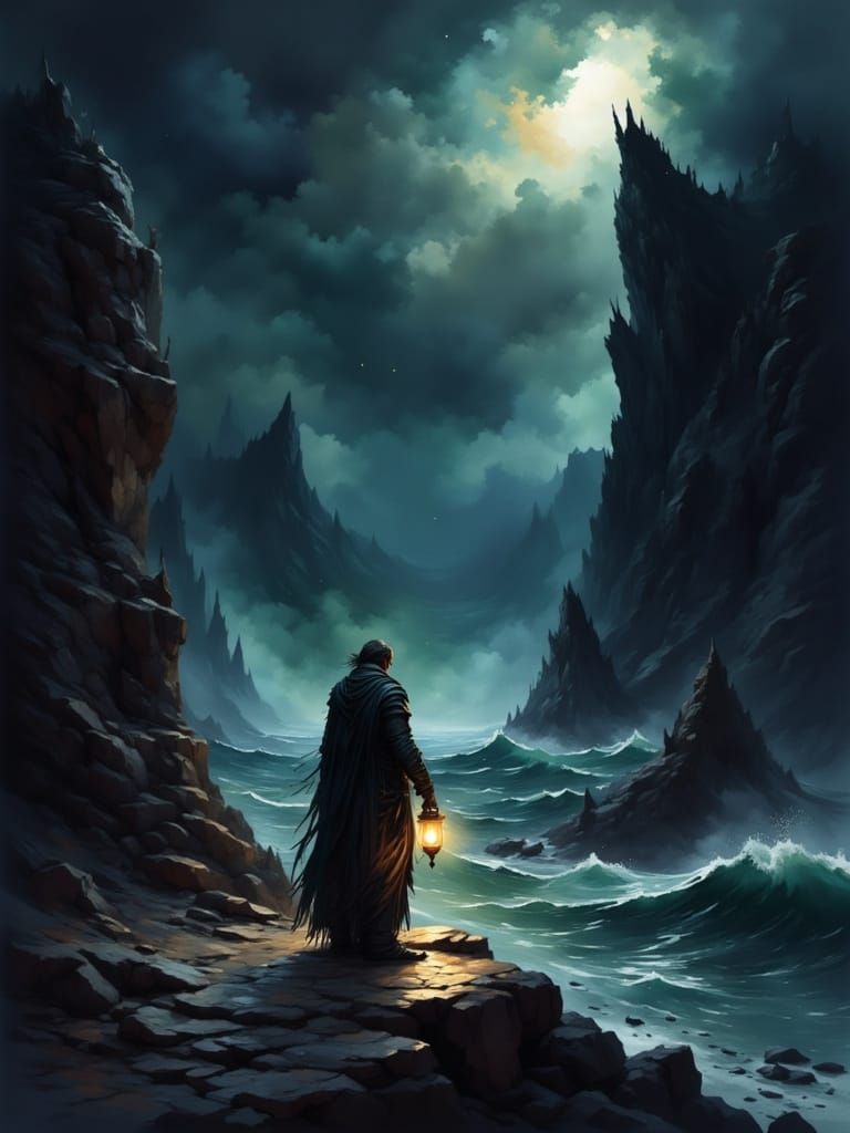 Grizzled Fisherman on Cliff Overlooking Dark Sea