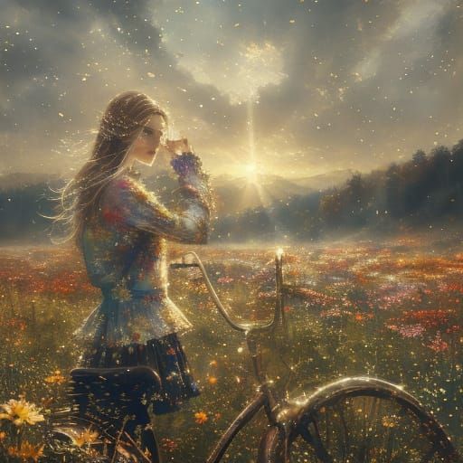 Woman in Meadow: Watercolour Painting with Flowers