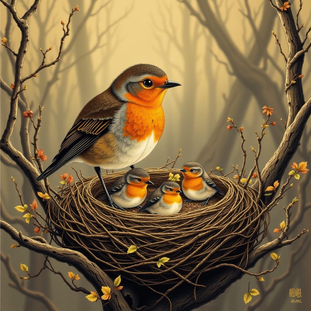 Proud Father Robin and Babies in Cozy Nest