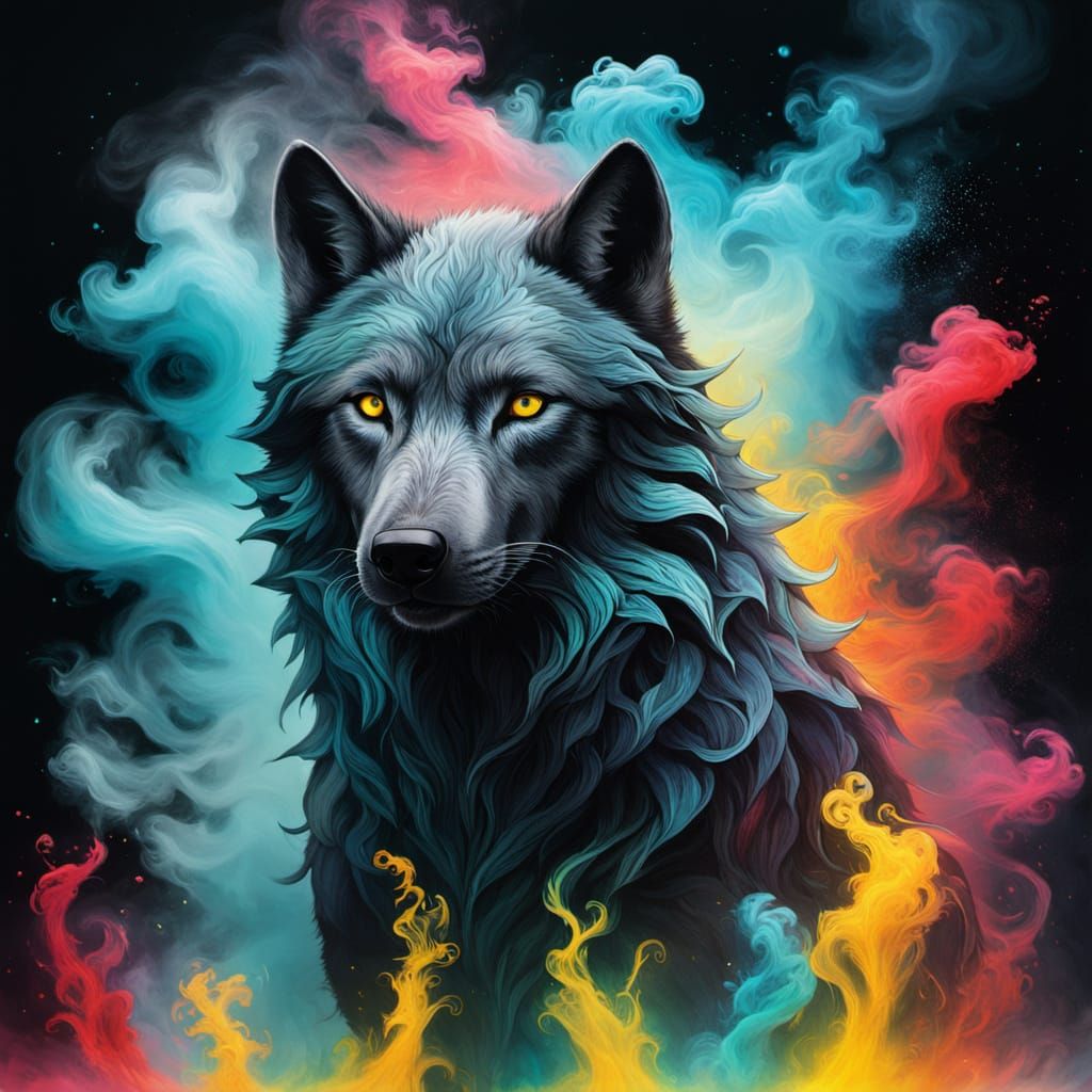 Surreal Wolf Dissolving into Aerogel with Witch