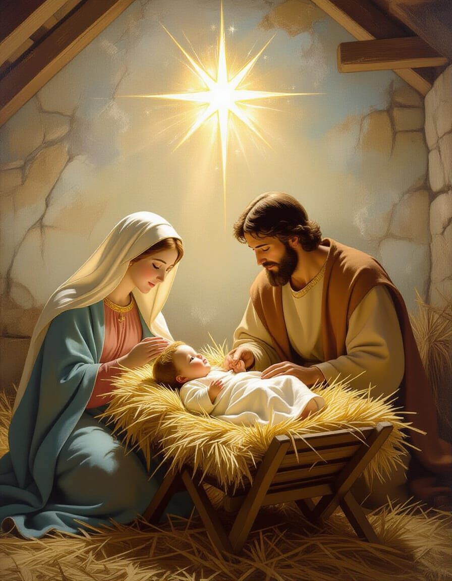 Baby Jesus in Manger with Mary, Joseph, and Star