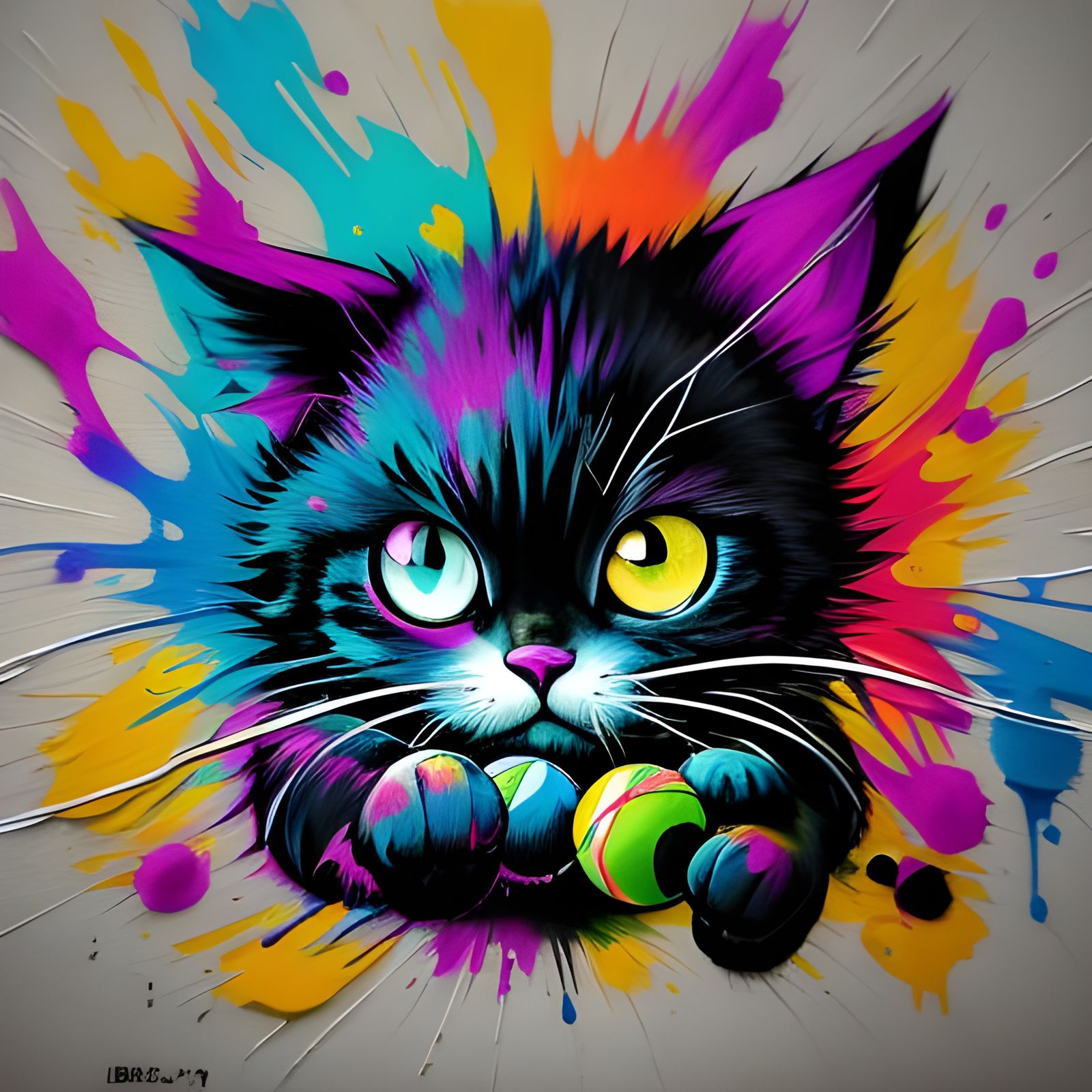 Anime Kitten Plays with Yarn in Graffiti Art Style