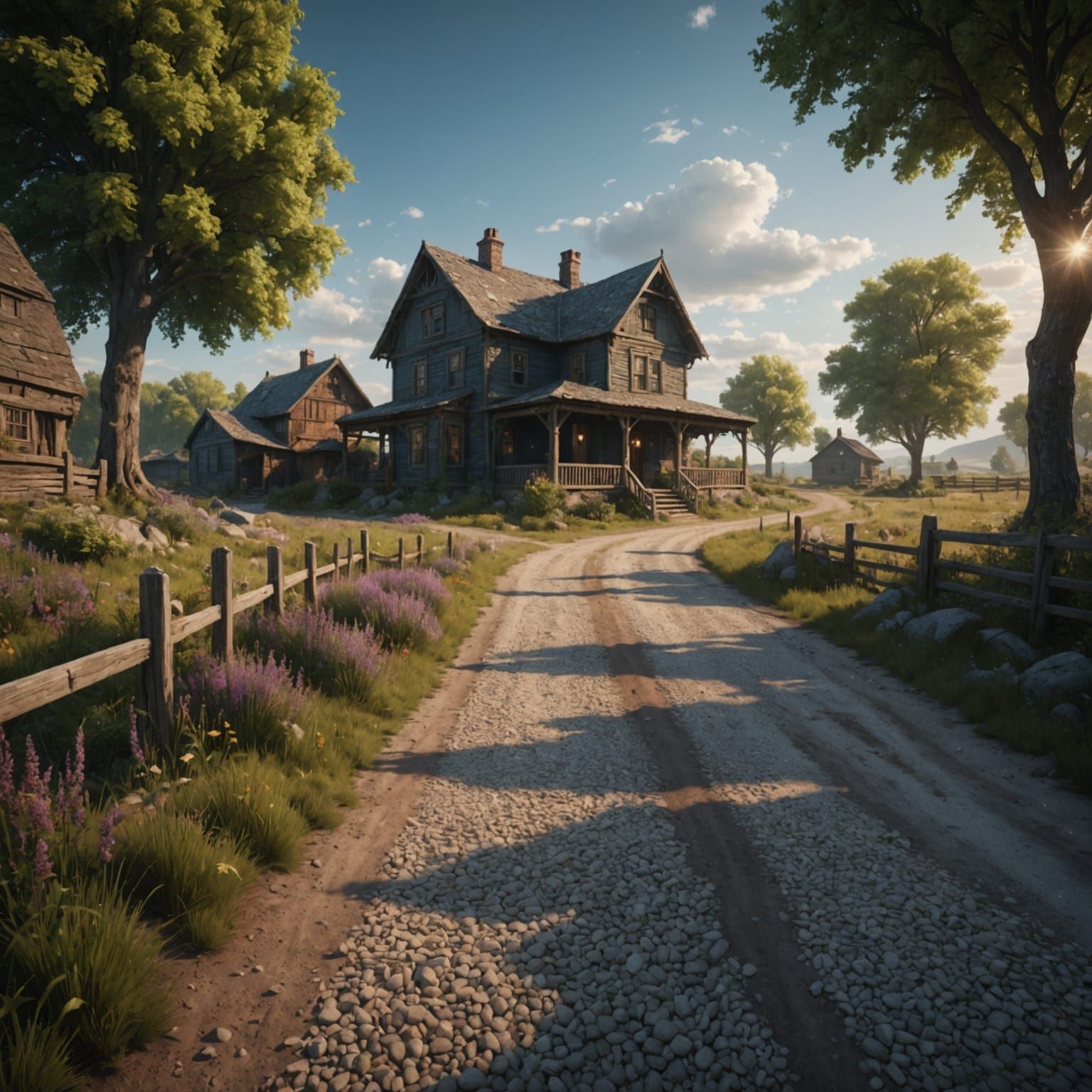 Gravel Road to House in Detailed Matte Painting