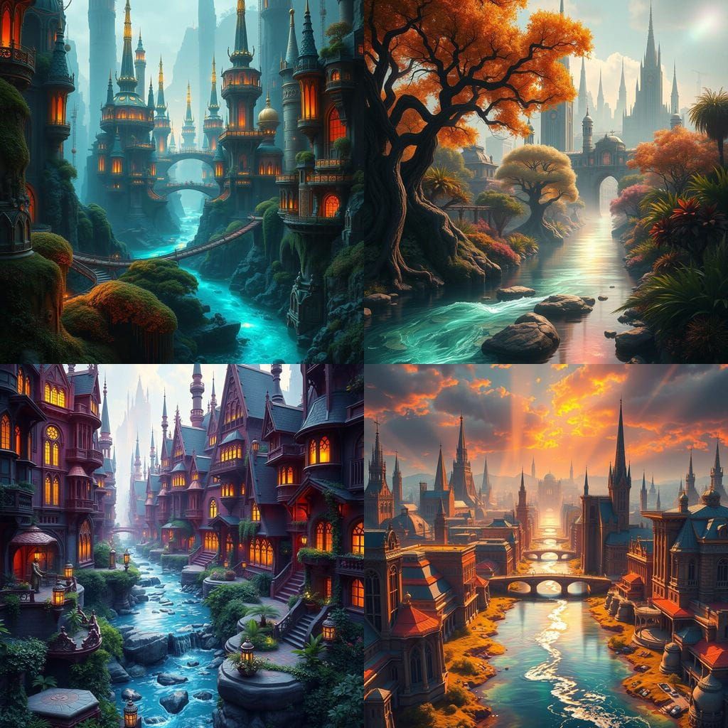 Ethereal Cityscape by Shimmering Stream