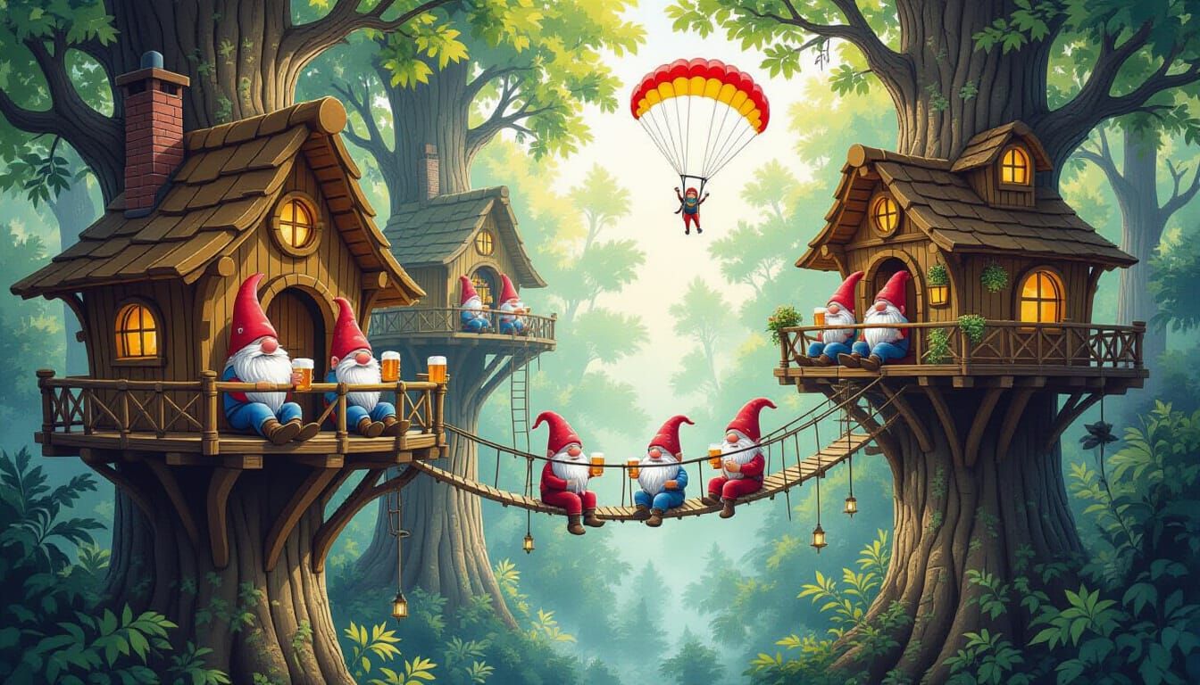 Gnome Treehouse Village with Elmo in Watercolor Style