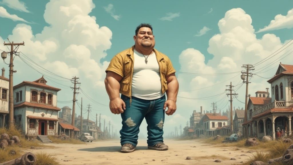 Melancholic Giant in Tiny Town: Whimsical Art