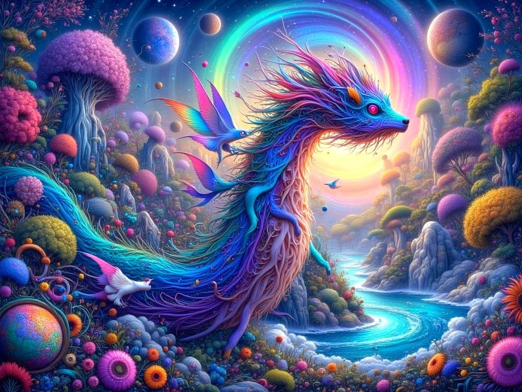 Surreal Cosmic Entity Unfolds in Harmony with Nature