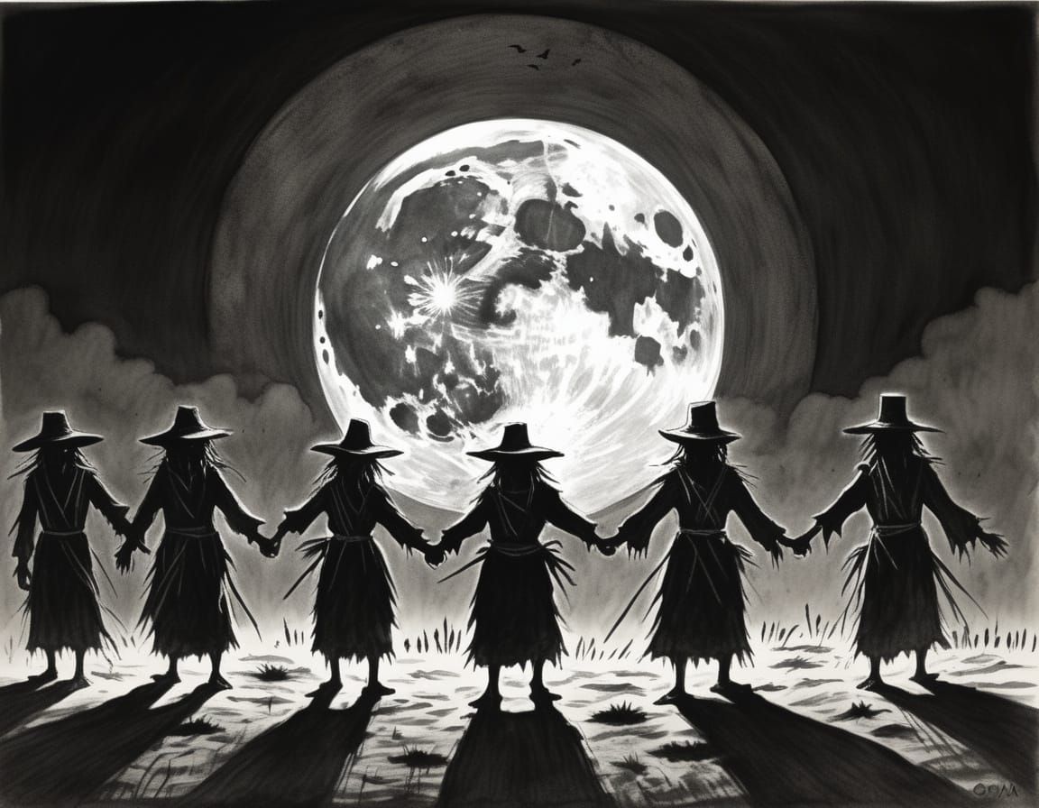 Scarecrows Under Harvest Moon Drawing