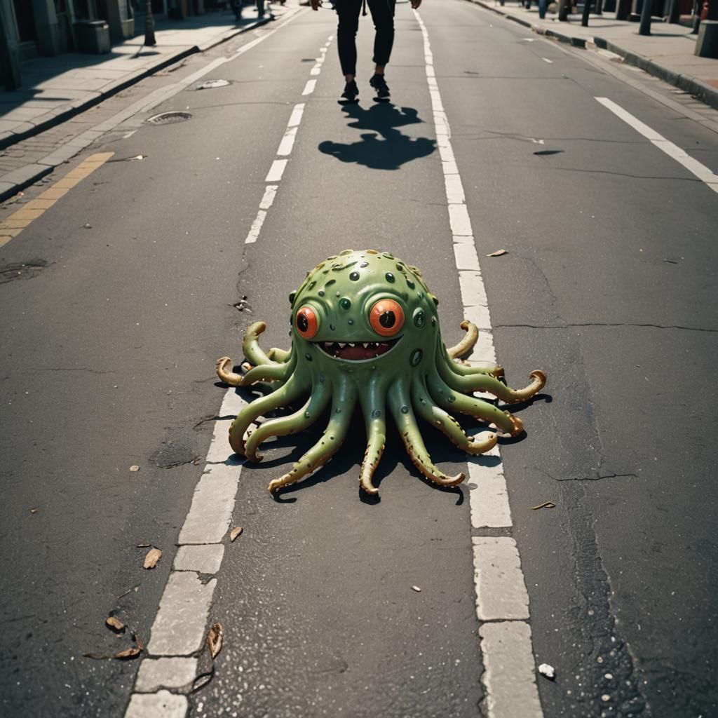 Kawaii Monster Crawls in Sunny Street: Cinematic Film Still