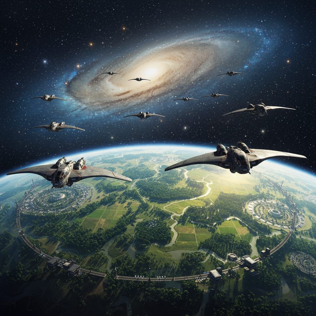 Hammerhead Fighters Over Fertile Planet with Galactic Backdr...