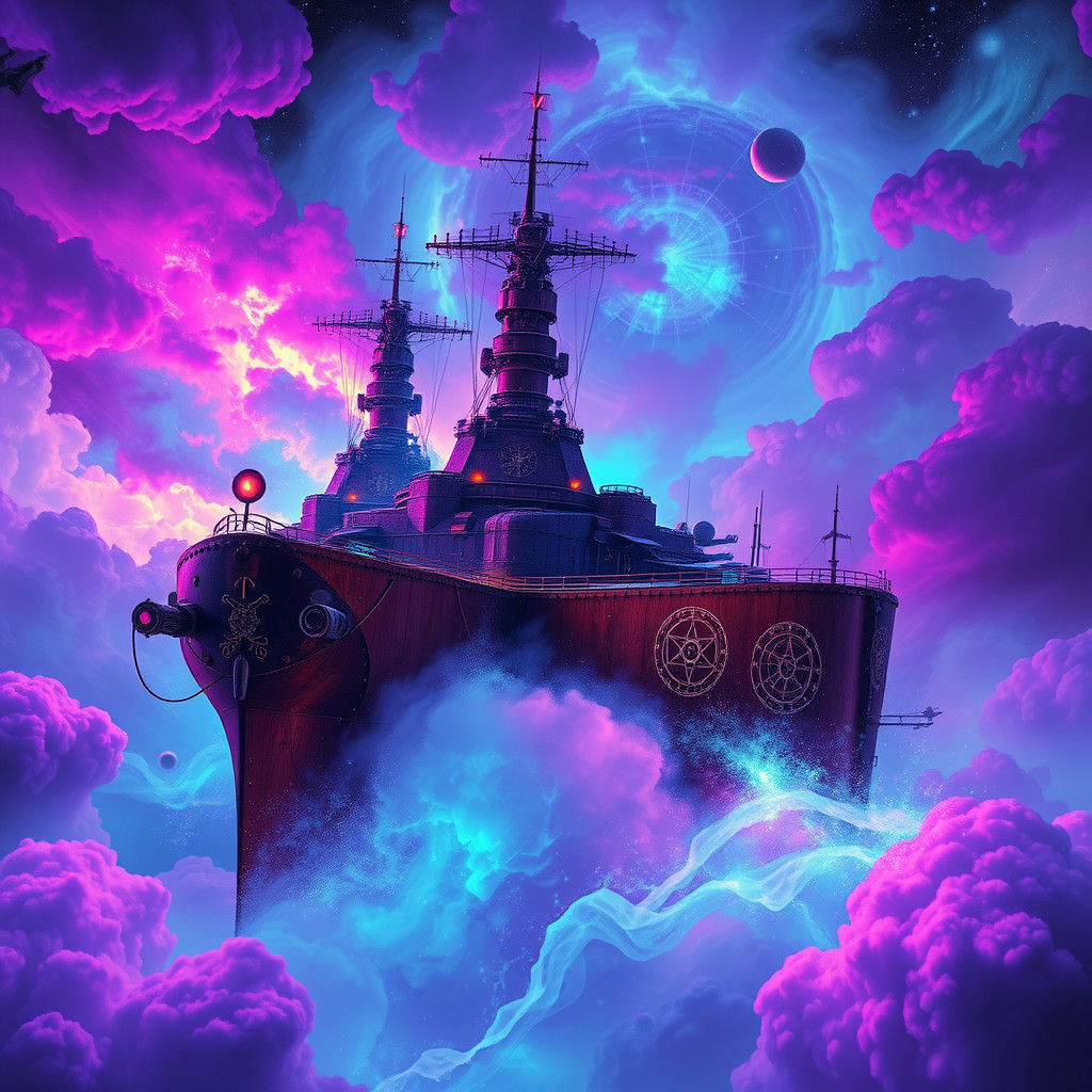 Dieselpunk Battleship Radiating Cosmic Energy in Sci-Fi Styl...