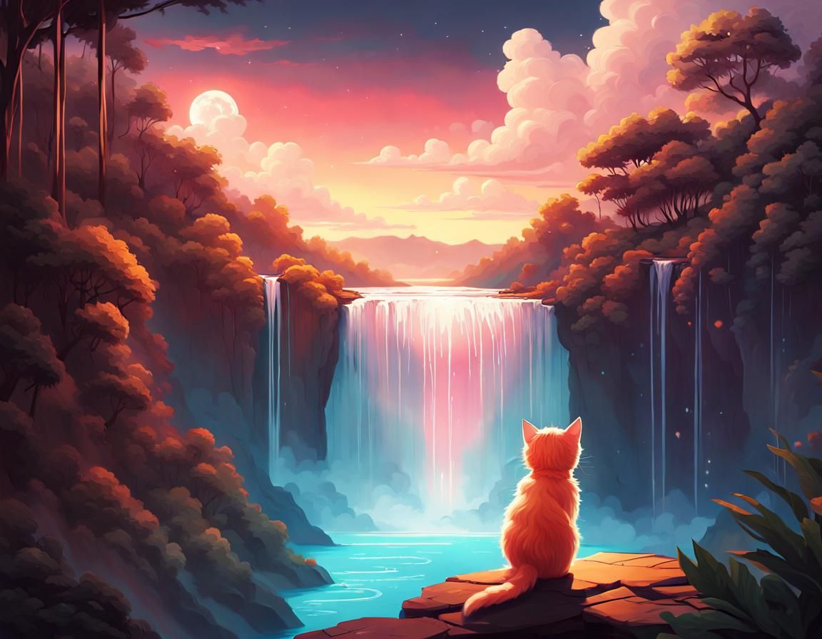 Kitten Overlooking Fantasy Waterfall in Storybook Style