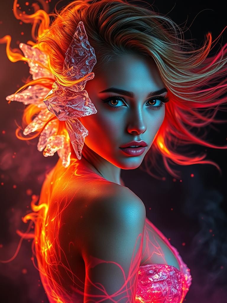 Fiery Ice Woman with Neon Echoes