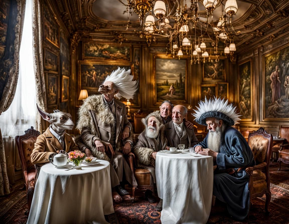 Exotic Aliens Celebrate in Surreal Restaurant: Digital Art