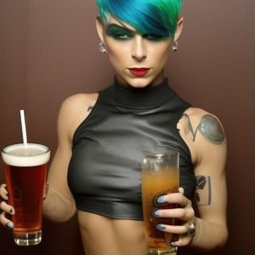 Wet lips Tall hourglass figure Humanoid female short pixie hair mohawk haircut Cara muscle abs large revealing mini skir...