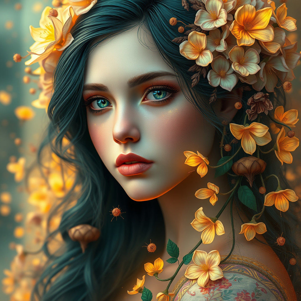Ethereal Flower Girl Portrait in Art Nouveau Style