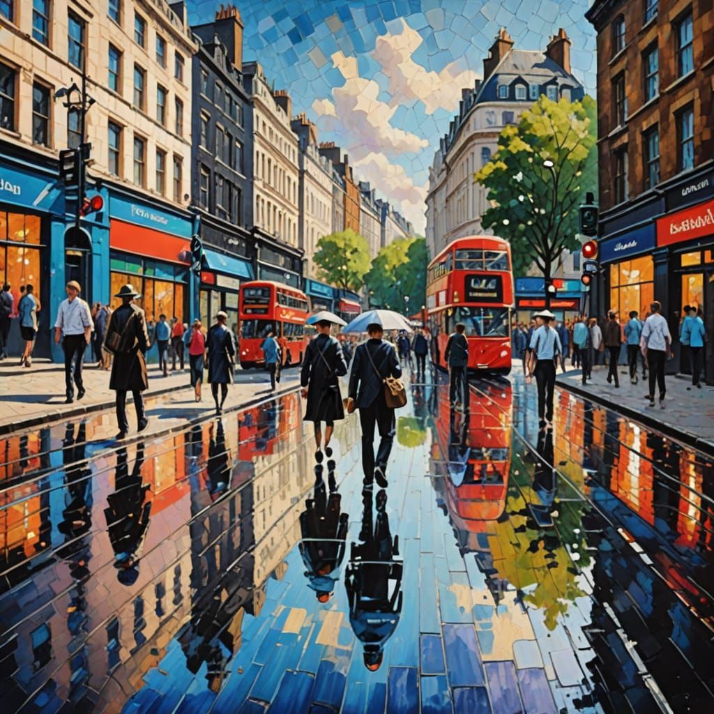 London Piccadilly Street Scene in Neo-Impressionist Style