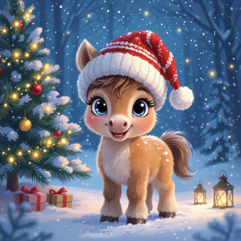 Cute Fluffy Horse in Snowy Forest, Disney Ghibli Style