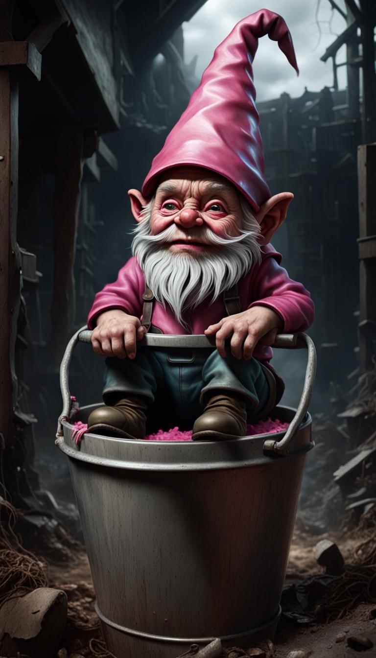 Creepy Gnome in Bucket, Dark Fantasy Art