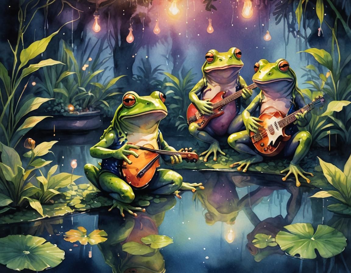 Group of anthropomorphic frogs playing jazz