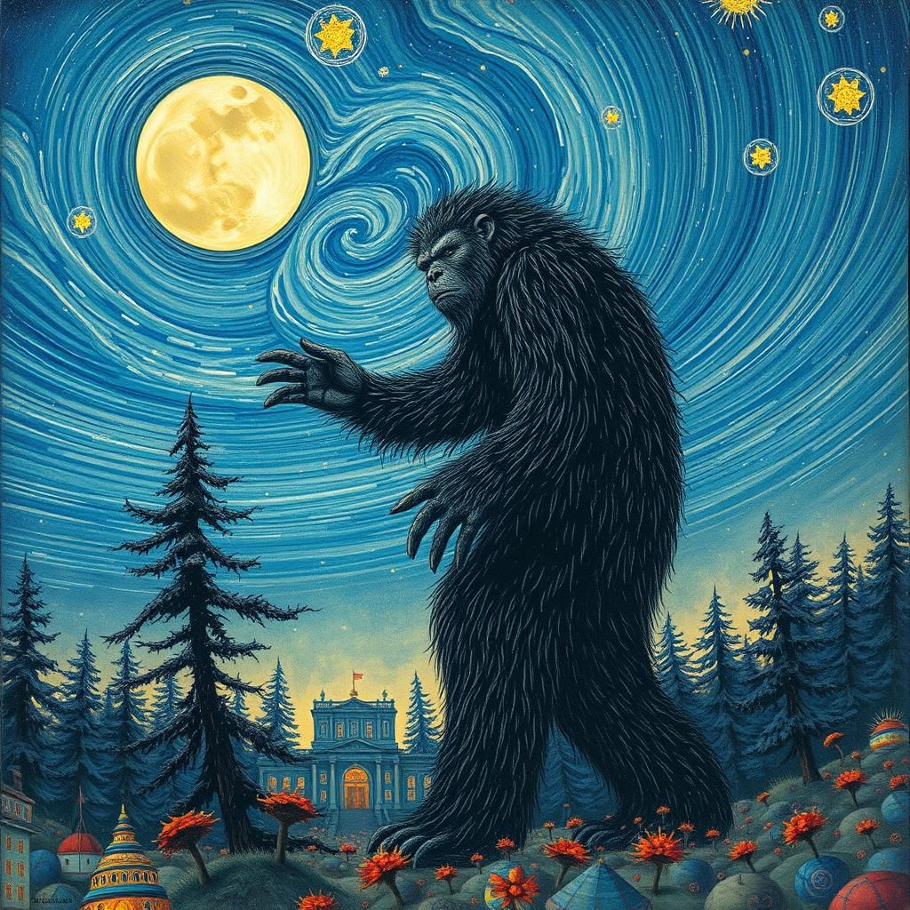 Surreal Bigfoot Namaste in Futuristic Landscape