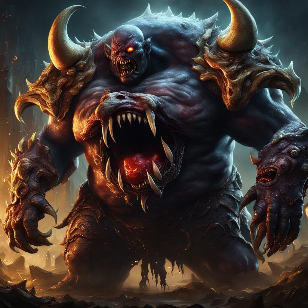 Glutton Demon with Multiple Mouths in Detailed Matte Paintin...