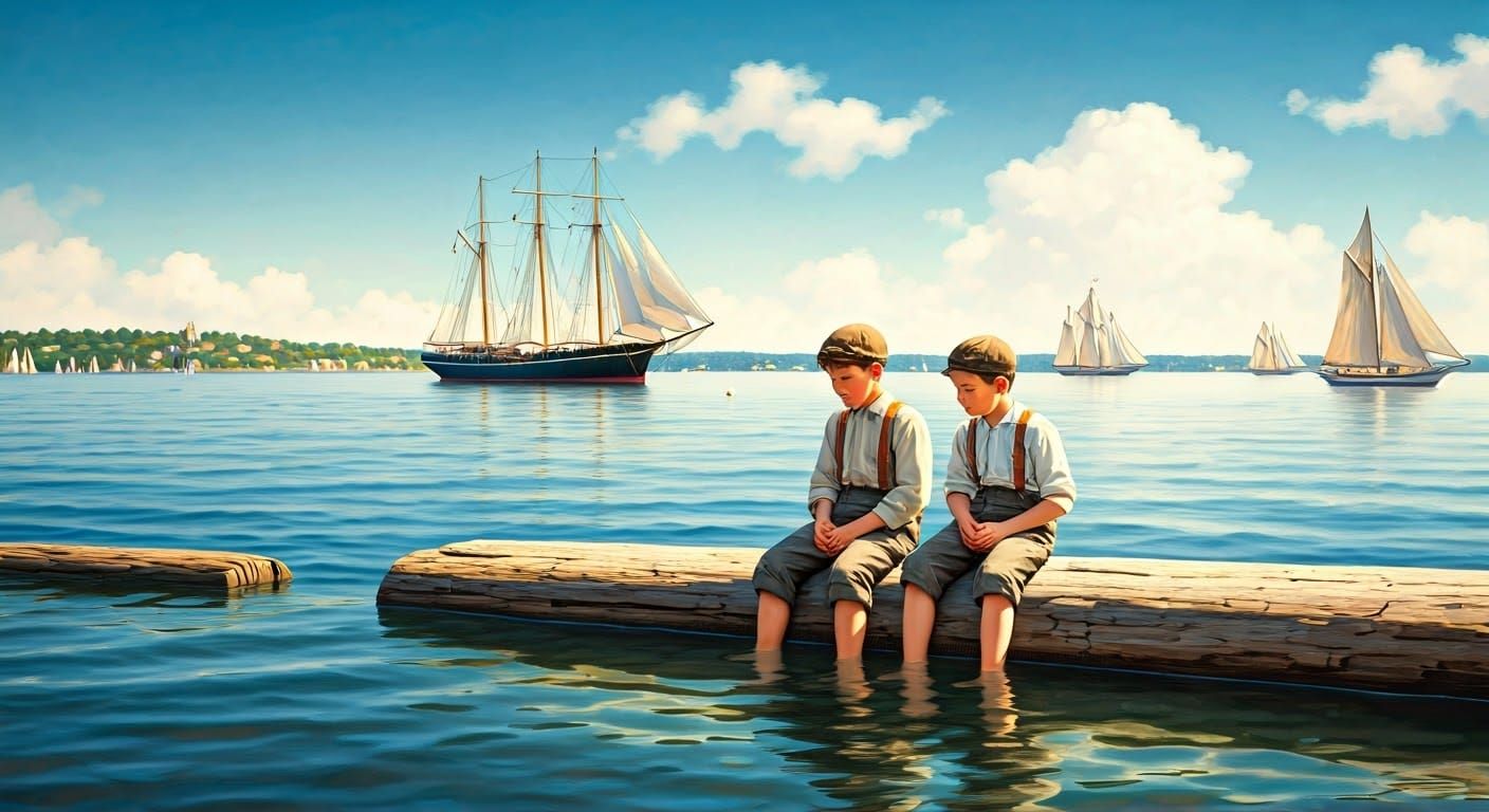 Boys on a Waterlogged Log, Early 20th Century Harbour Scene