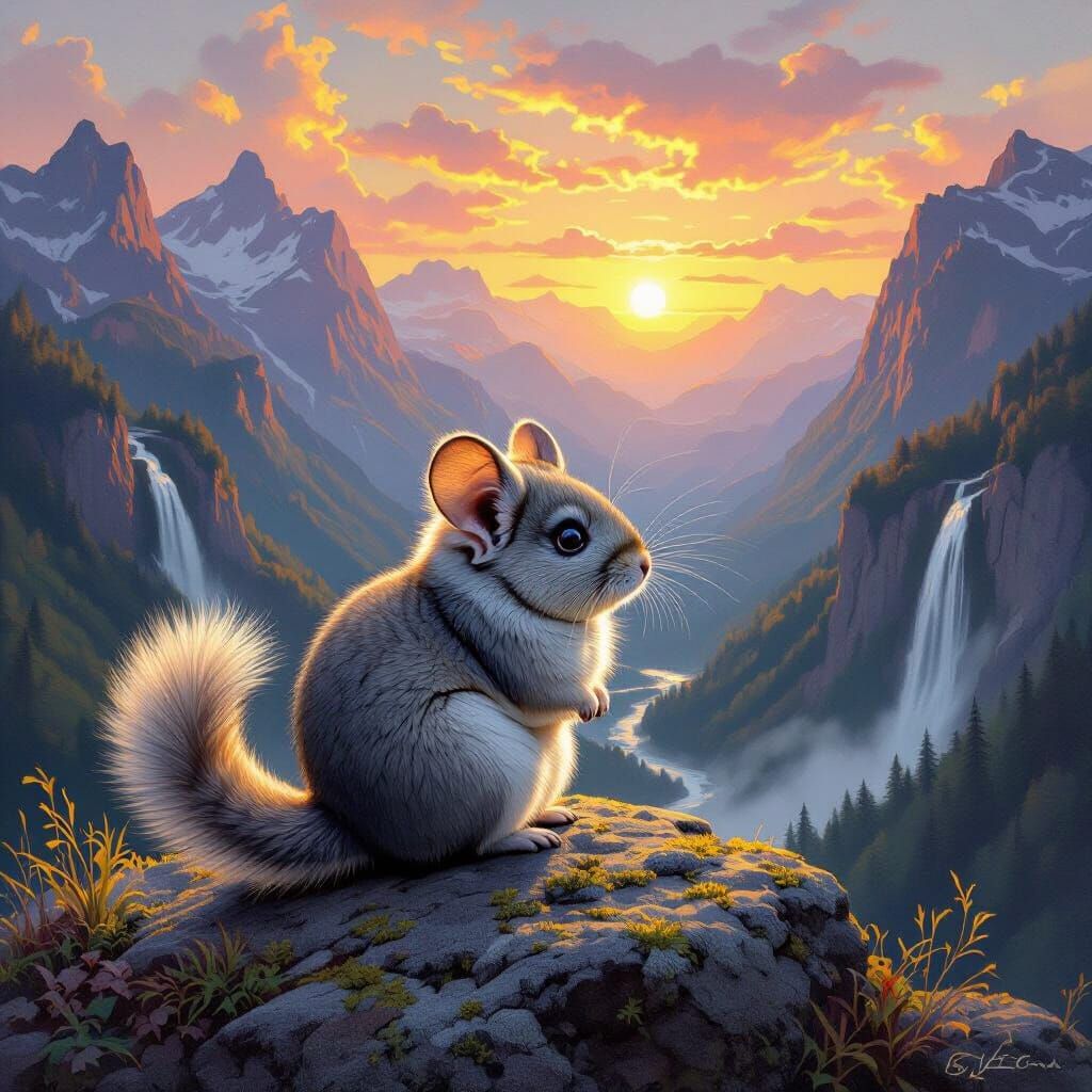 Chinchilla Gazes Over Dreamy Valley in Oil Painting