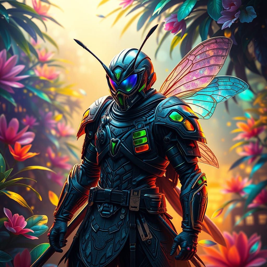 Vibrant Ninja Bee Warrior in a Kaleidoscope World